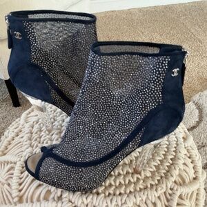 Chanel Crystal  Mesh Open Toe Navy Booties -40 Authentic